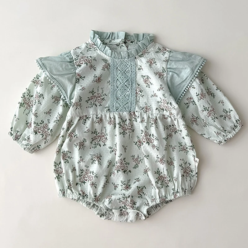 0-3Y vestiti autunnali per bambini Retro pizzo infantile fiocco colletto con volant maniche lunghe body bambini ragazze stampa floreale tutina