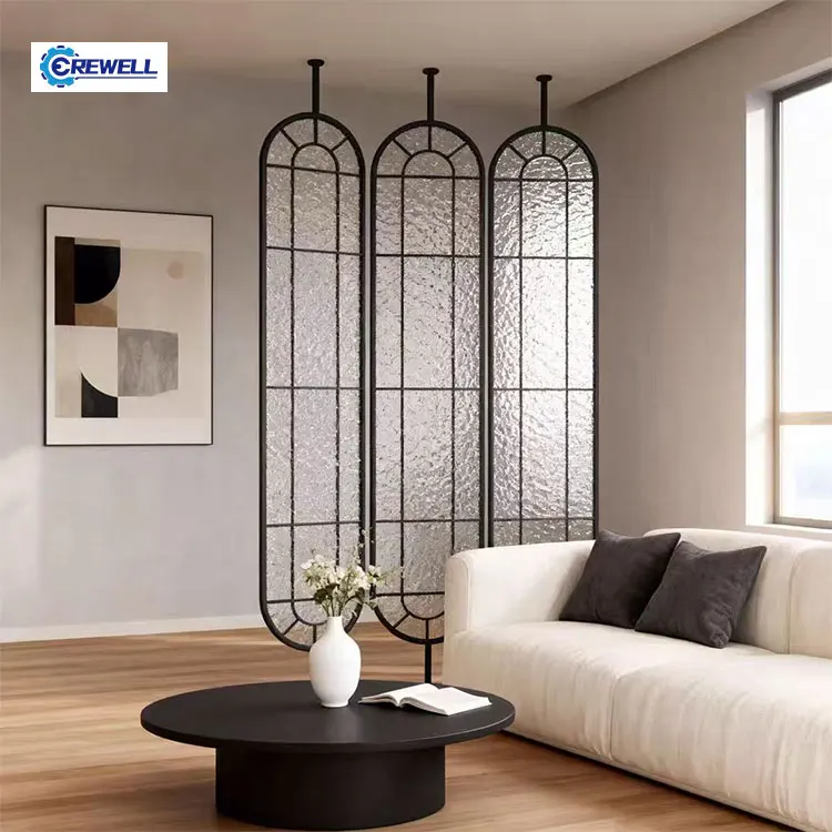 AIROW Minimalist Black Baking Paint Frame Partition, Wide Compatibility Glass Screen for Interior Space Decoration