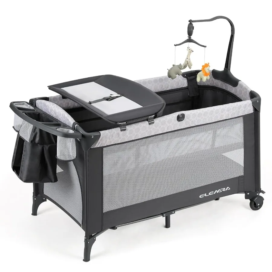 Culla da comodino per bambini da 50 pollici con fasciatoio, confezione e gioco con materasso e copertura oscurante per bambini, box 4 in 1 Trav