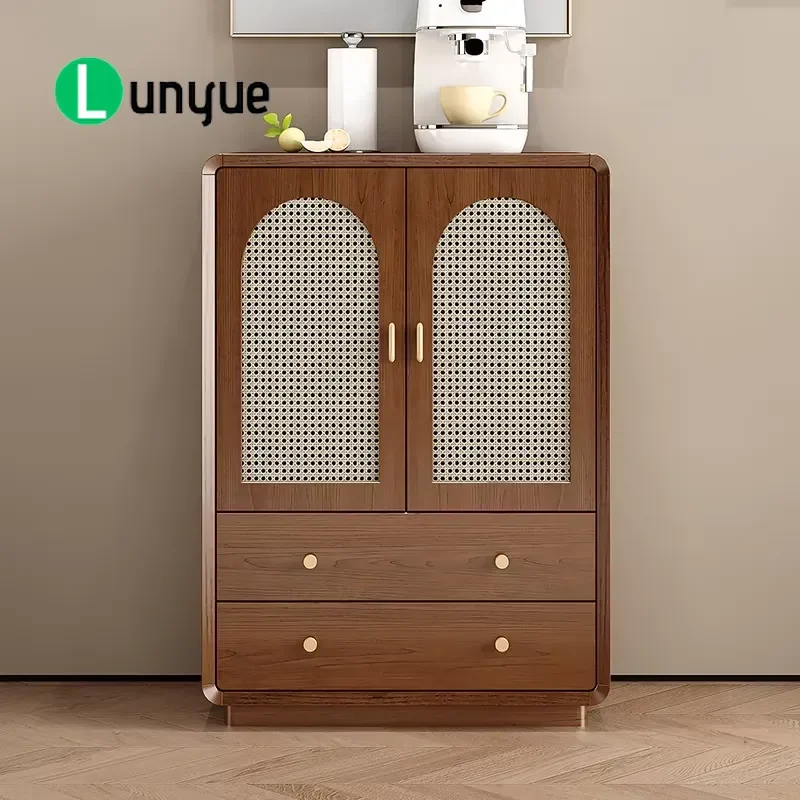 Luxury Solid Wood Round Edge PE Rattan Door Panel Kitchen Buffet Locker with Large Drawer Multifunctional Storage Cabinet for