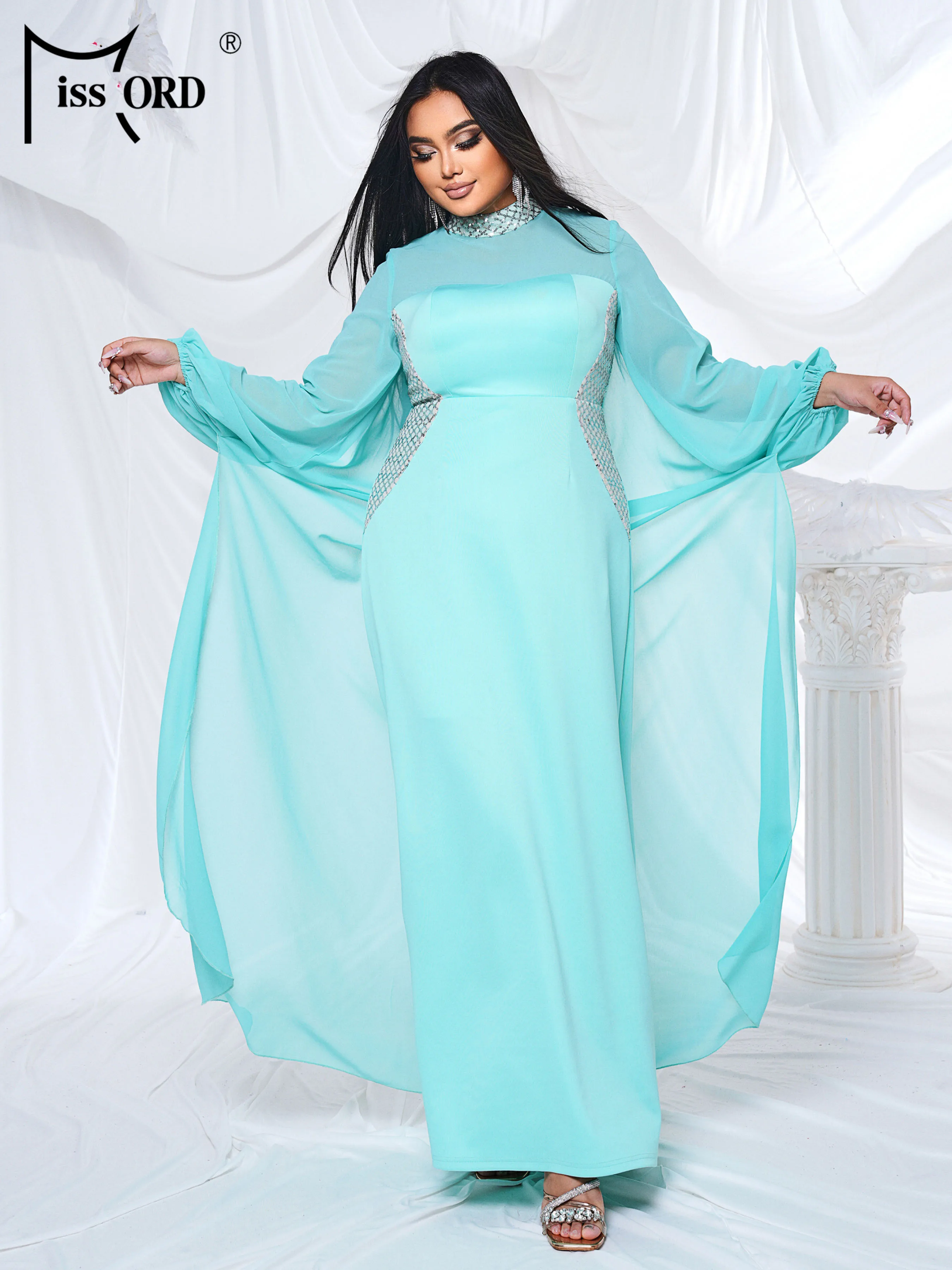 Missord Plus Size New Blue Round Neck Long Sleeved Elegant Evening Gown Wedding Birthday Party Elegant Beautiful Women's Dress