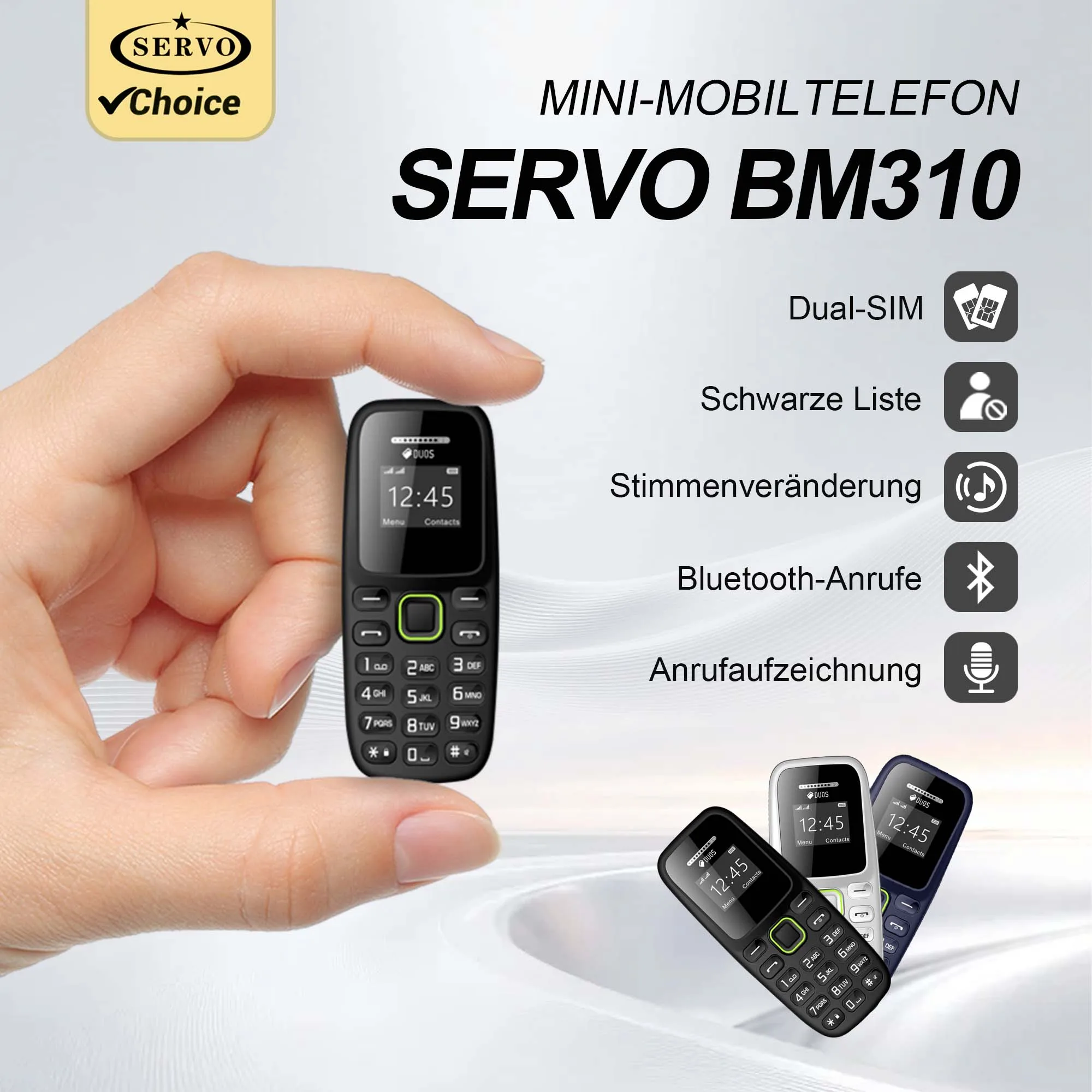 SERVO BM310 Kleine Mobiltelefone, entsperrt, Bluetooth-Kopfhörer, Magic Voice Blacklist, automatische Anrufaufzeichnung, geringe Strahlung, MP3-Player, Dual-SIM, 0,66 Zoll kleines Mobiltelefon