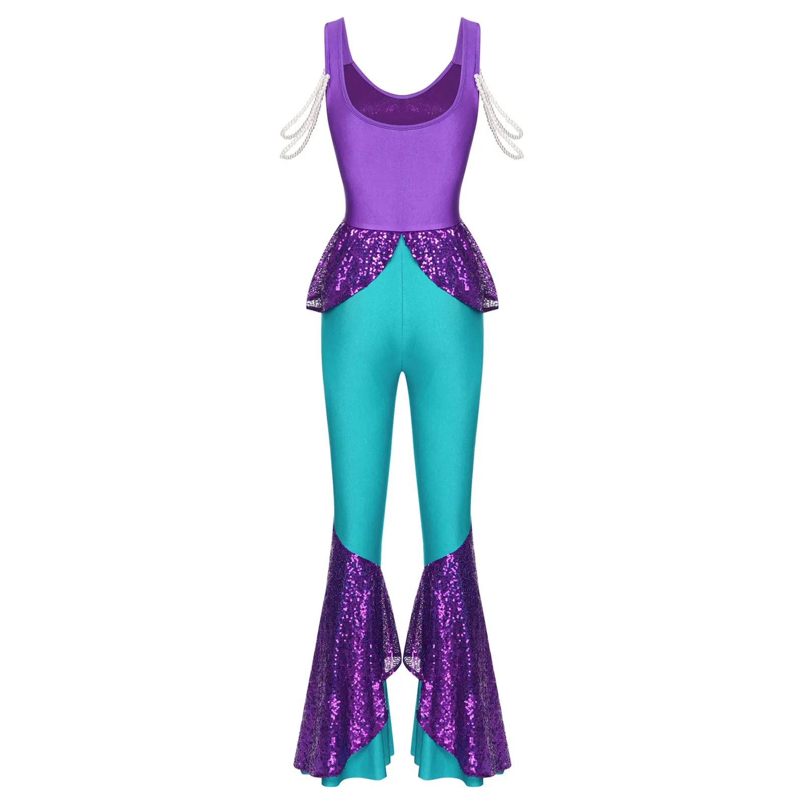 المرأة هالوين حورية البحر بذلة الترتر شبكة أكمام جرس أسفل السراويل السروال القصير ارتداءها المحيط حفلة حورية البحر الأميرة ازياء