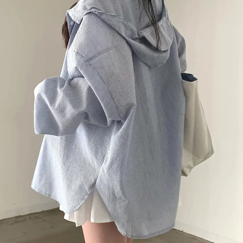 

Chic Spring Vintage Age-Defng Single-Button Loose Casual Versatile Hooded Sun Protection Long Sve Striped Women's irt