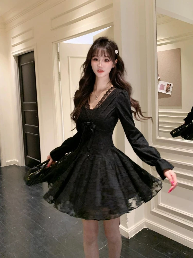 

XZY Sweet Overweight Princ Sle V-ne Knot Dr Women's Winter Waist-cinching Bla Lace ort Skirt