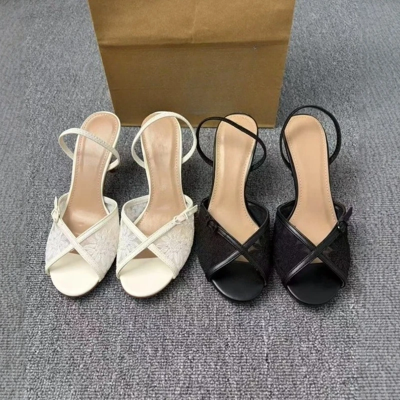 Women Back Strap Fashion Sandals Summer Lace Embroidery High Heels Woman's Peep Toe Pumps Mesh Ankle Strap Thin Heel Shoes view 6
