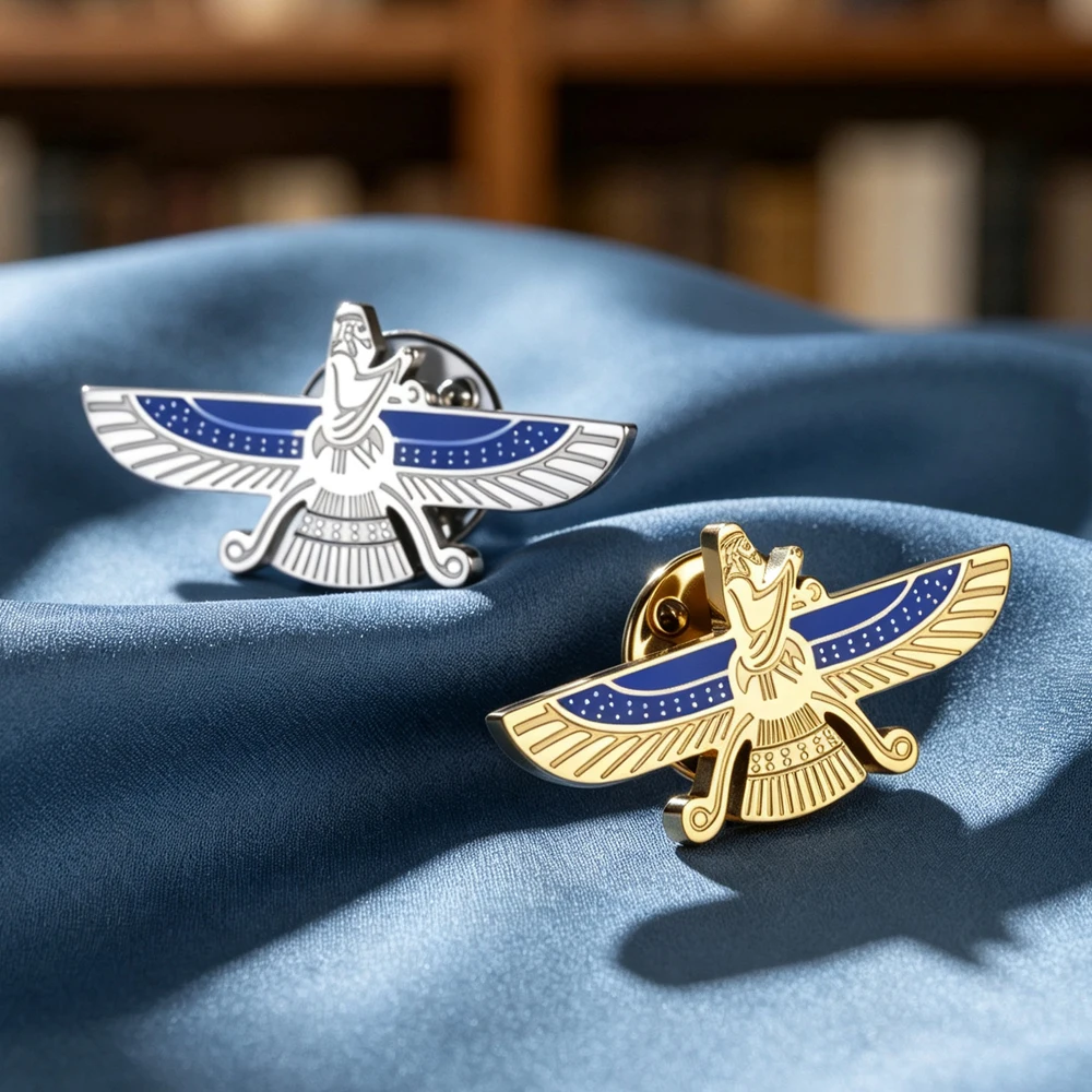 Persian Farvahar Brooch Pins Blue Enamel Faravahar Lapel Pin Iranian Symbol Zoroastrianism Gift Stainless Steel Jewelry