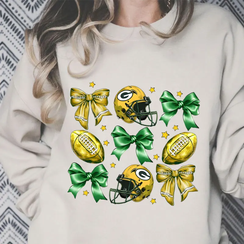 Coquette Football Bow Print Crew Neck Sweatshirt Game Day Casual Style for Women Perfect for Winter and Fall Season Sweatshirts