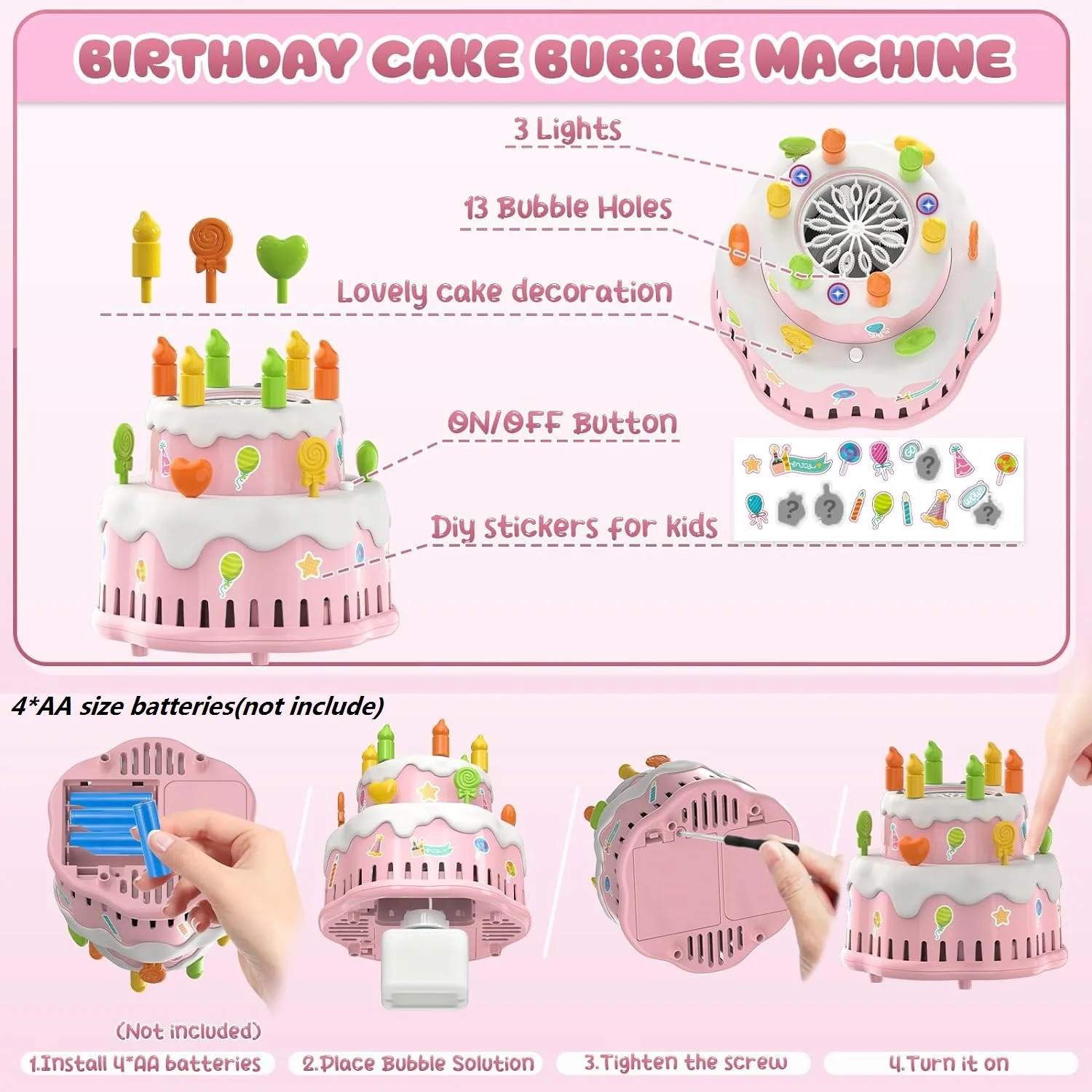 Birthday Cake Bubble Machine for Kids Automatic Bubble Blower 10000+ Bubbles Per Minute/Lights/Music Summer Bubble Maker Toys