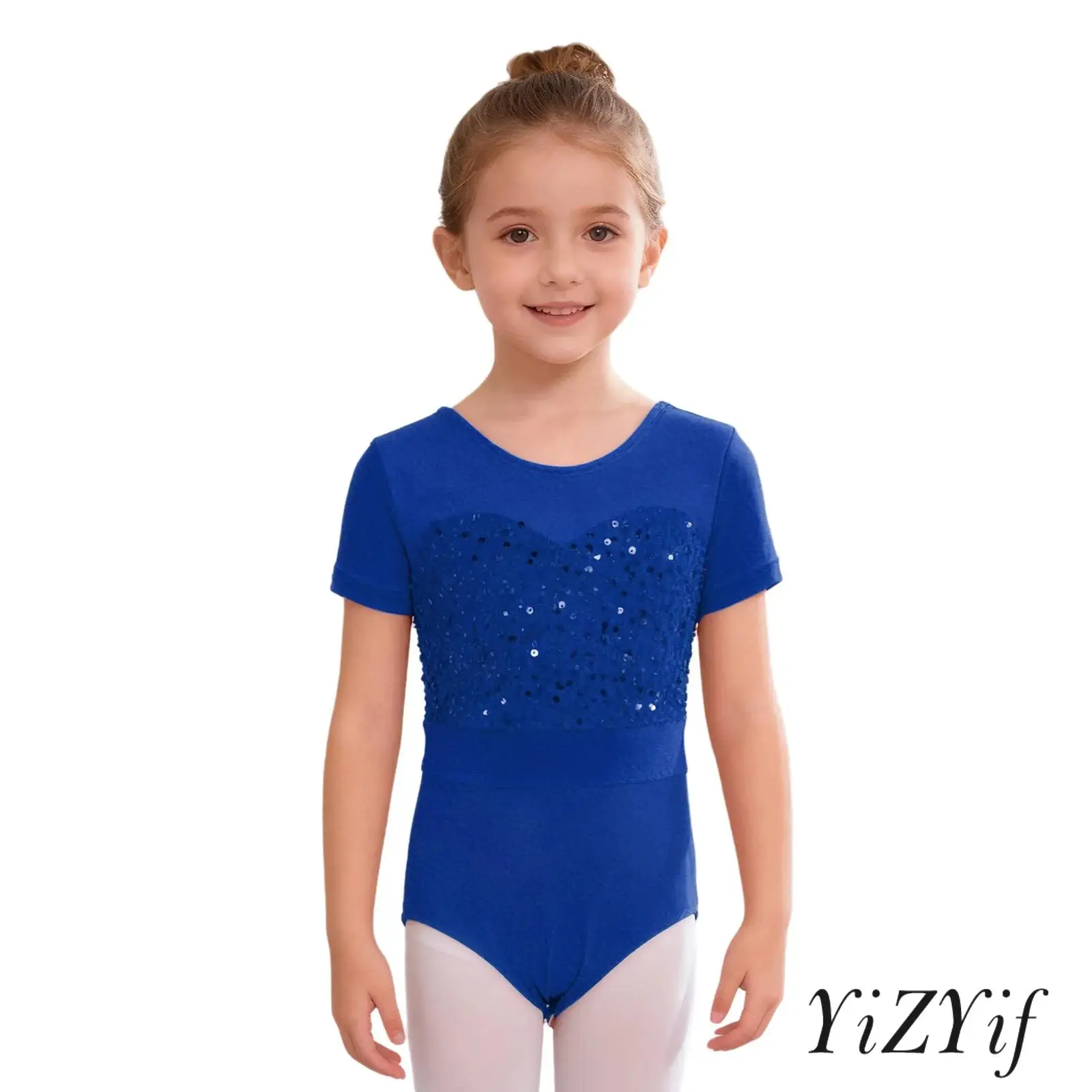 

Kids Girls Ballet Dance Leotard Round Neck Short Sleeve Shiny Sequins Velvet Patchwork Press Buttons Crotch Gymnastics Bodysuit