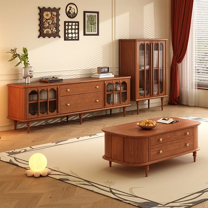 

Medieval style glass cabinet door solid wood audio-visual cabinet American designer living room wall storage TV cabinet side