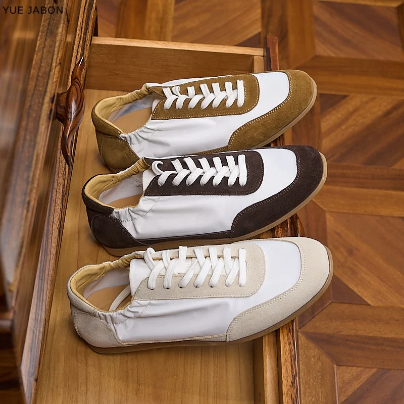 Comfortable Casual Genuine Leather Sneakers Men's Retro Flat Bottom Lace Up Shoes Breathable Lightweight Patchwork Training Shoe