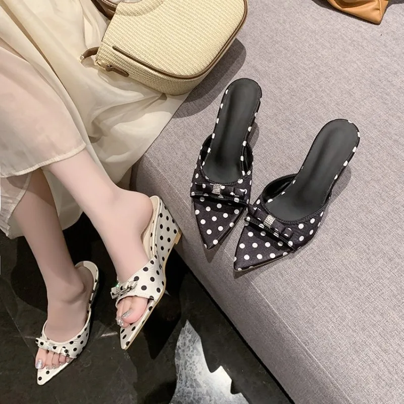 Women's 2026 Summer New Style Extremely Beautiful Pointed Toe Bow Bow Slope Heel Slippers