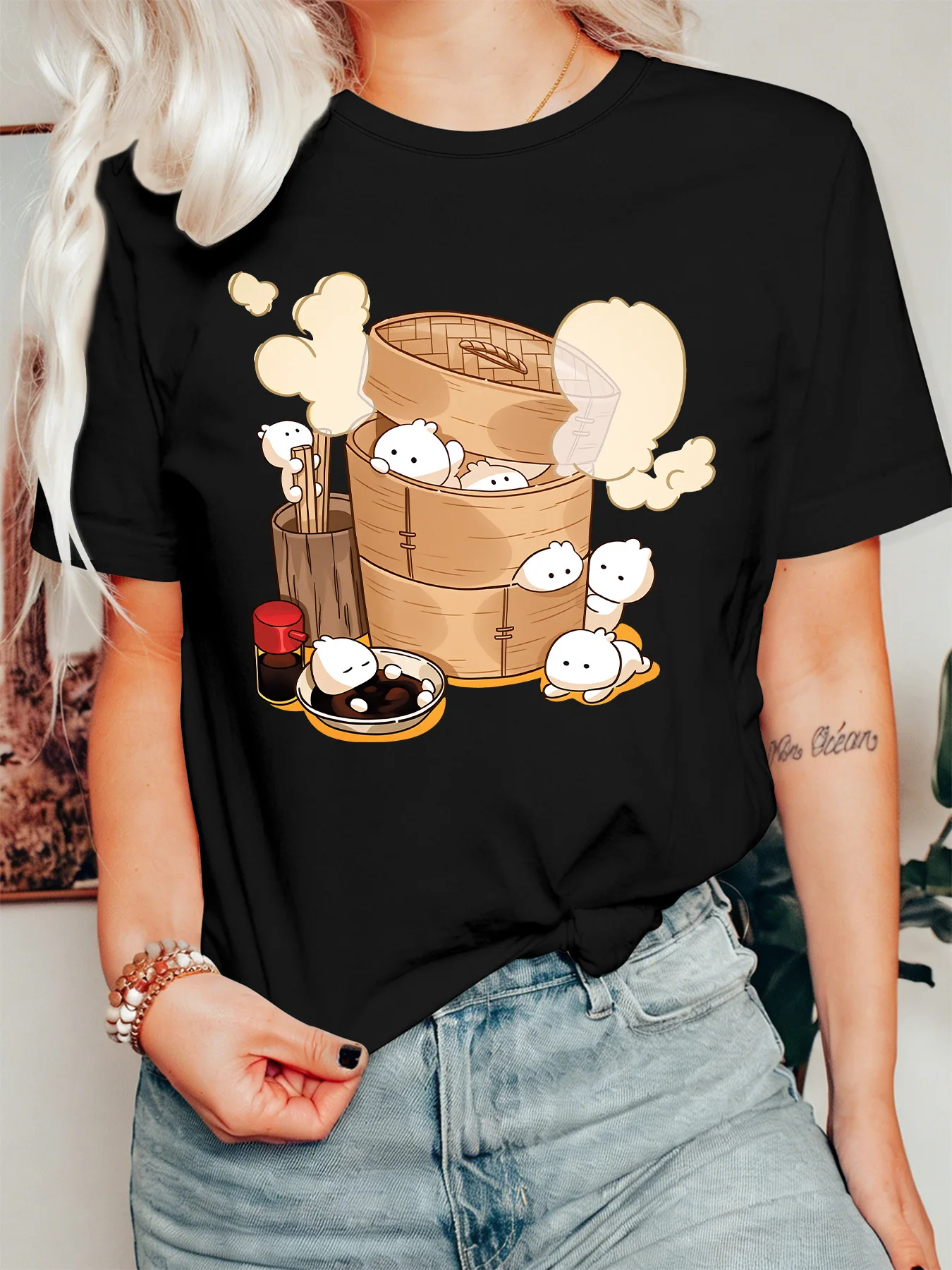 Adorable Chinese Dim Sum Womens T Shirt Steamer Basket Cartoon Dumpling Graphic Tee Short Sleeve Daily Street Ladies Tops