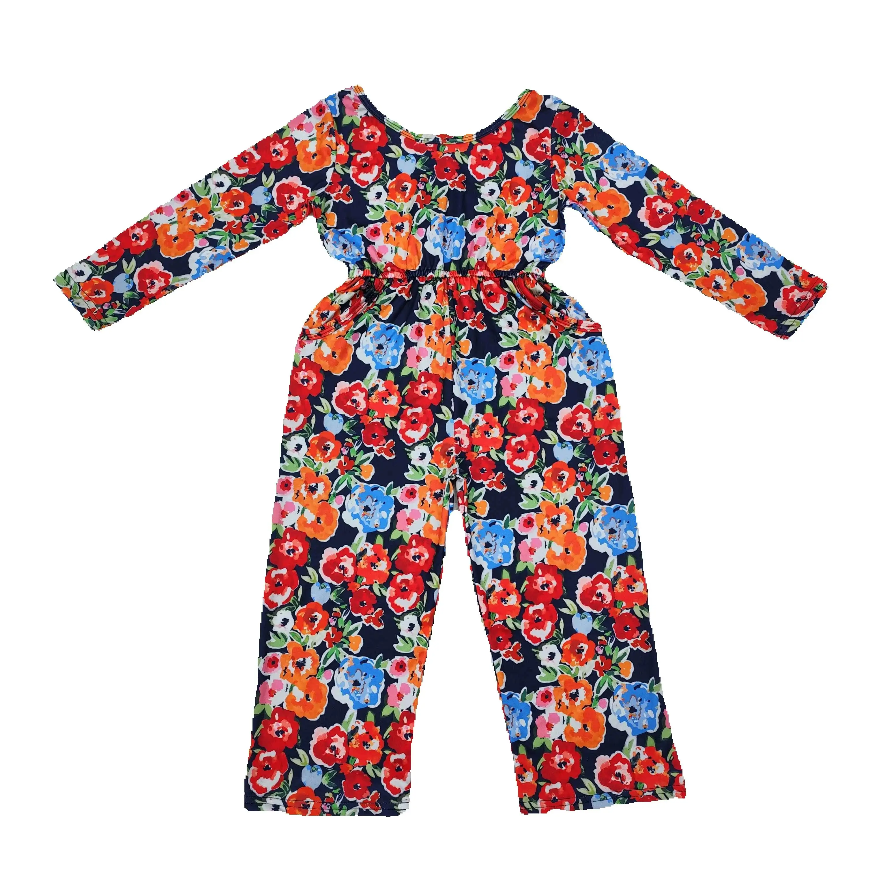 LR1836 Kids Girls Jumpsuits Long Sleeve Top Pocket red orange flowers blue Print Pocket With Jumpsuit Children Clothes  Rts