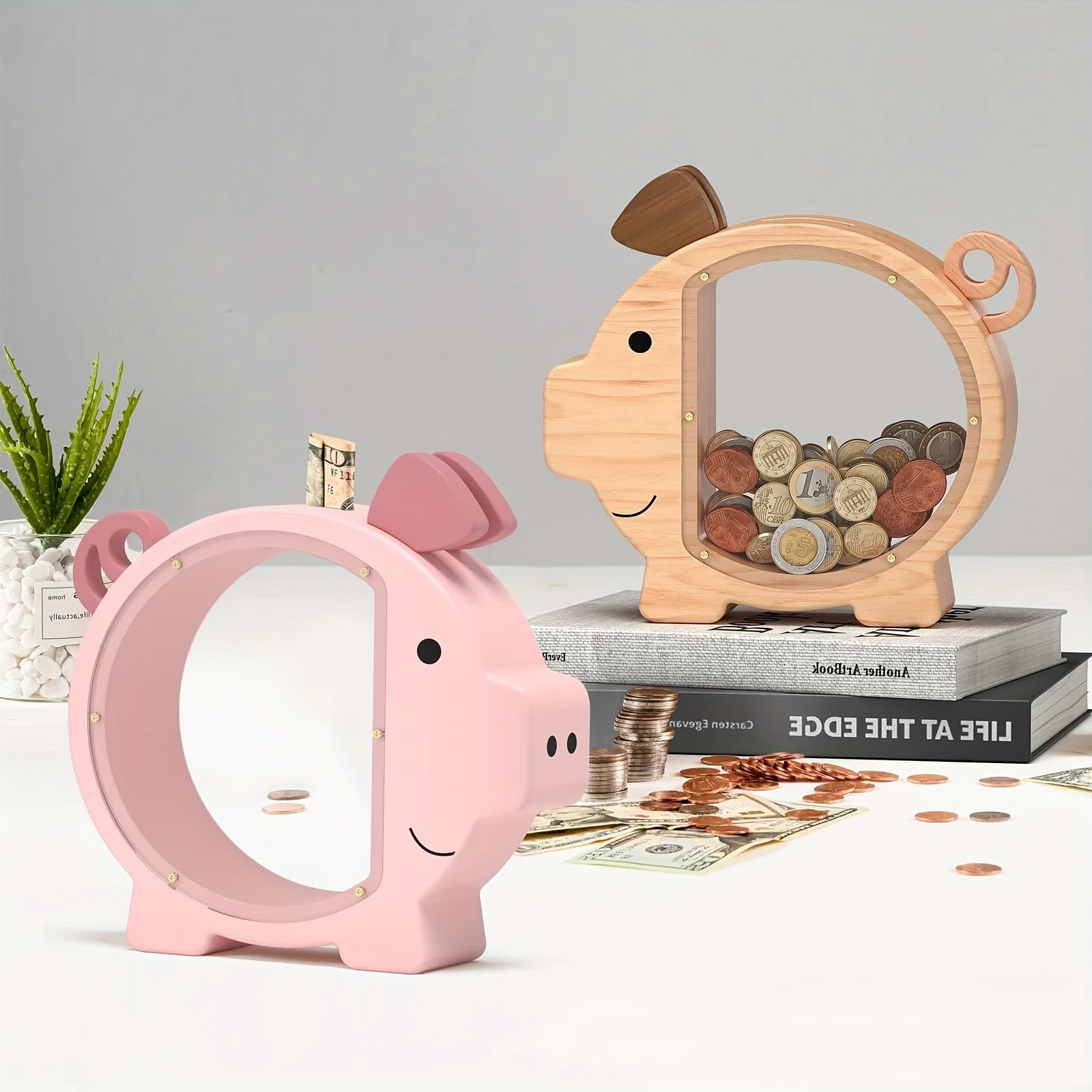 Solid Wood Piggy Bank Girl Pink Little Pig Savings Jar Wooden Children's Gift Money-Saving Box Coin Dollar Storage Box