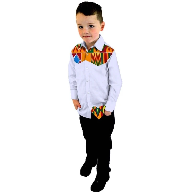 

Boy's Heart Pattern Tops Bazin Riche African Wax Print Patchwork Cotton Shirt Pant Set for Boys Children Kids Clothing WYT151