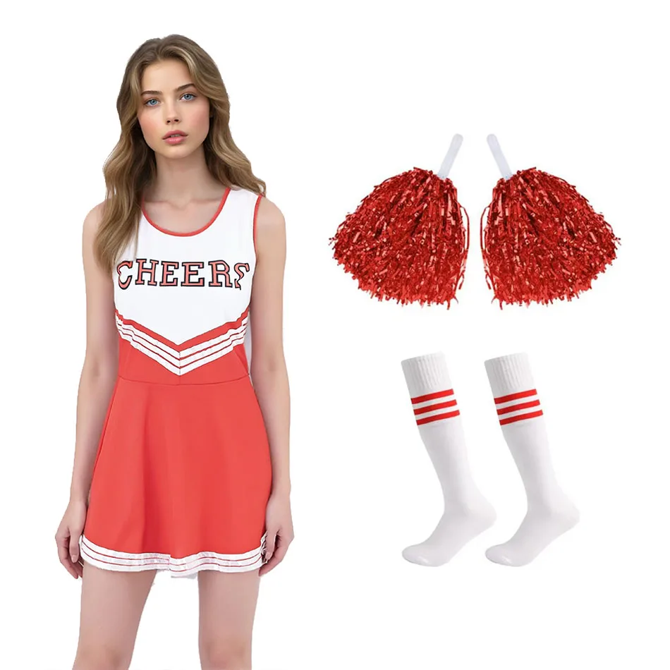 Adult Cheerleader Six-color Sleeveless Dress With Socks and Hand Flowers Girls Cheerleader Clothes Stage Performance Dress