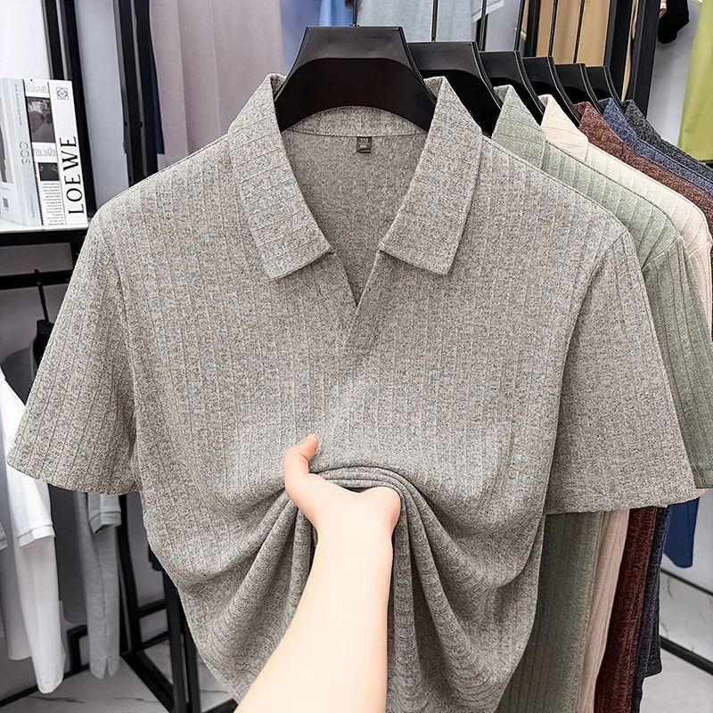 Minimal Plain Ribbed Short Sleeve Polo For Men Notch Collar Wrinkle Resistant Office Visit Friend Casual Garment