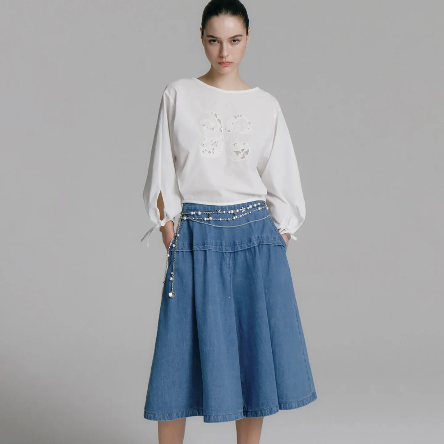 

Korean Sle Long Sve round Ne Embroidered irt Commute Versatile Slim Fit Small Top Women's Faion Breathable Thin Ma...