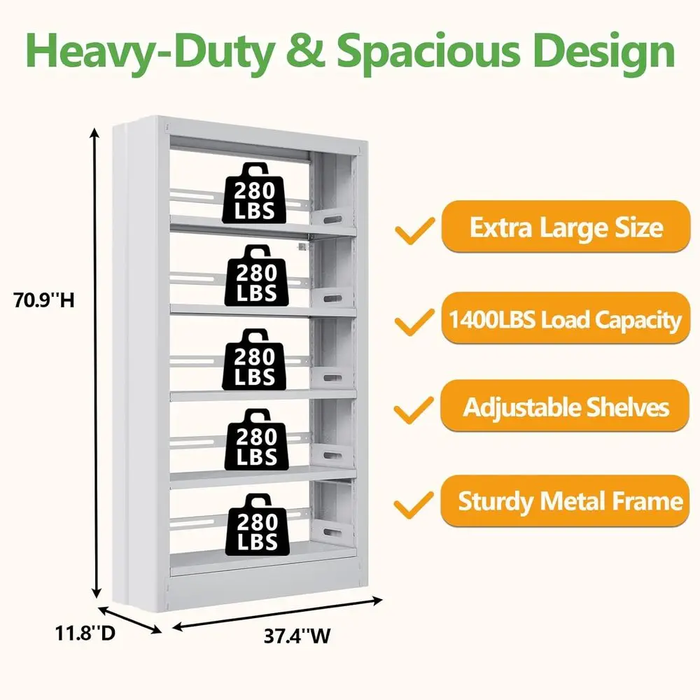 5-Tier Industrial Style Metal Bookshelf - White, Adjustable Shelves, Heavy Duty for Home or Office, with Book Stoppers