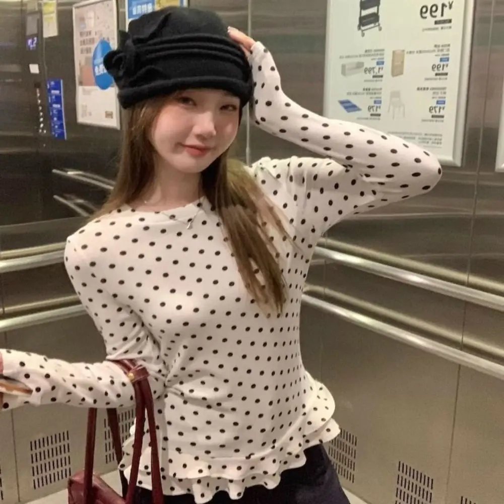2025 Ruffle Trim เสื้อยืดแขนยาวหวานบางเสื้อ Polka Dot Vero Moda
