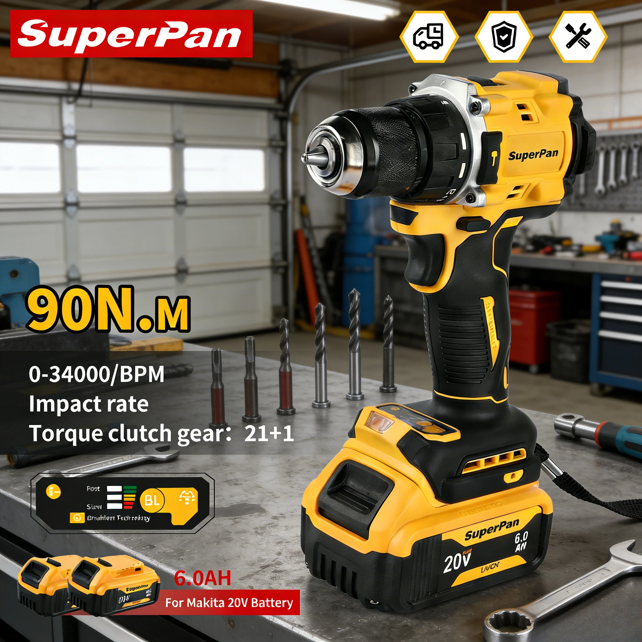 

Ударная дрель SuperPan 20V, 13 мм патрон, 90/27 Нм, 0-34000 об/мин, для работы с деревом, сада, ремонта дома, совместима с аккумулятором Dewalt 20V