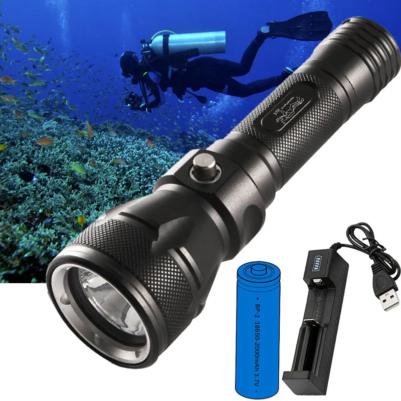 Underwater Fishing Lantern Powerful Strong T6 LED 3-Mode Waterproof IPx8 Professional Scuba Diving Flashlight with Strobe Light