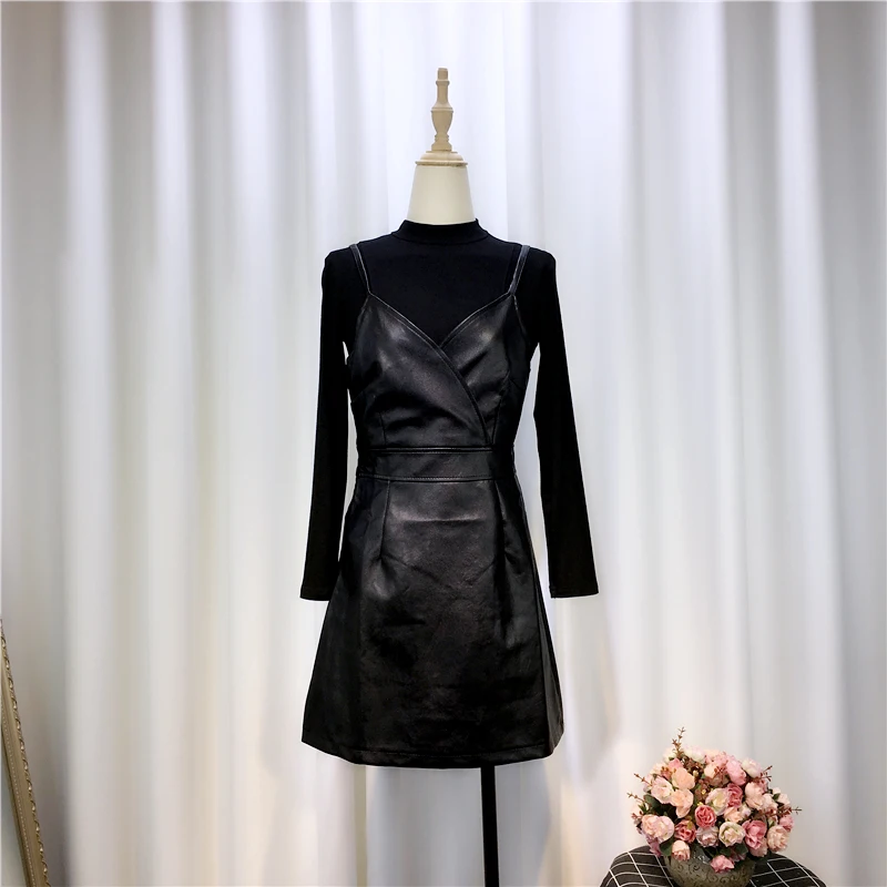 

PU Leather Slim Dresses for Women, Sexy All Match Female Clothing, Top Quality, Black, 2 Pieces