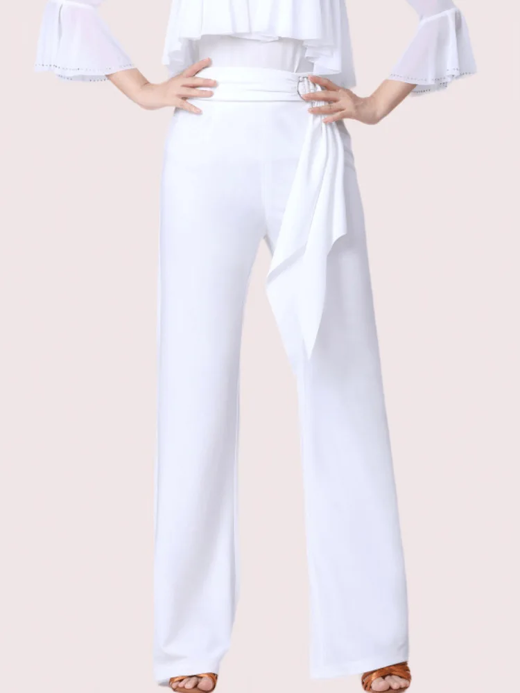 กางเกงเต้นรําบานเอวสูงสีทึบพร้อมสายรัดเอว – กางเกงการแสดงห้องบอลรูมสมัยใหม่ของผู้หญิง