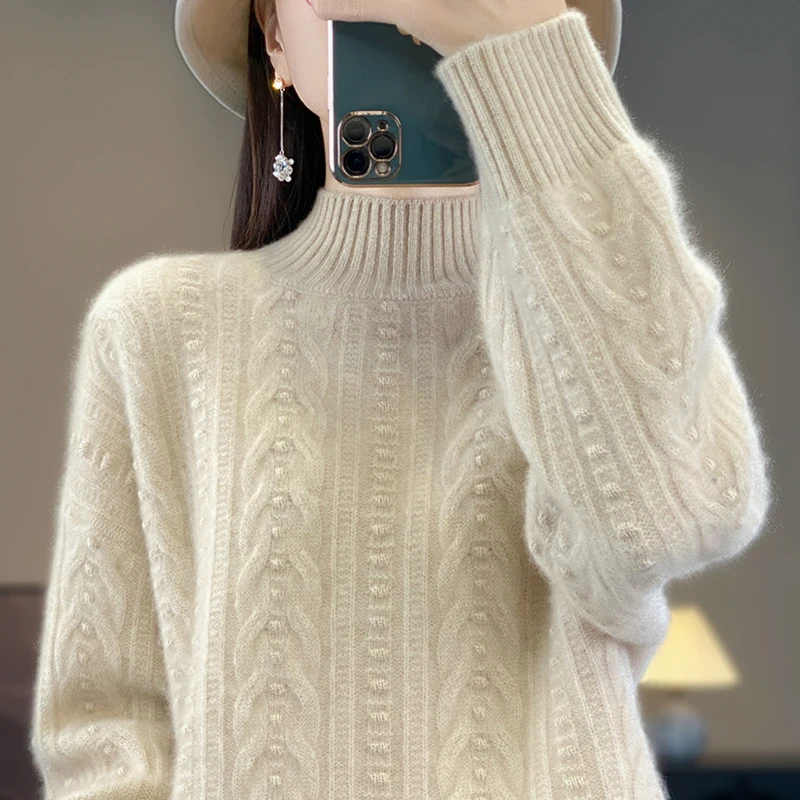 Autumn Winter Basic Mock Neck 100% Merino Wool Sweater Pullover Cashmere Solid Color Lazy Style Long Sleeves Clothing Tops