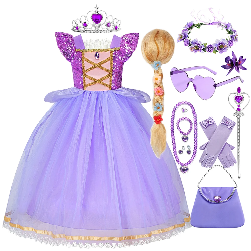 

Пурпурное платье Рапунцель с длинными волосами для девочек, нарядное платье с пайетками и кружевом, пышное платье для детей, карнавальный костюм на Хэллоуин, день рождения, вечеринку