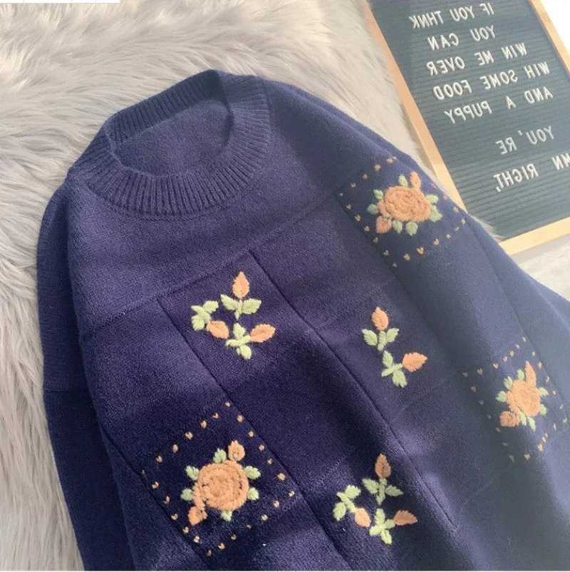 Vintage Knitted Sweater Female Gentle Style Jumper Knitwear Women Winter Thick Loose Korean Casual Floral Embroidered Pullover