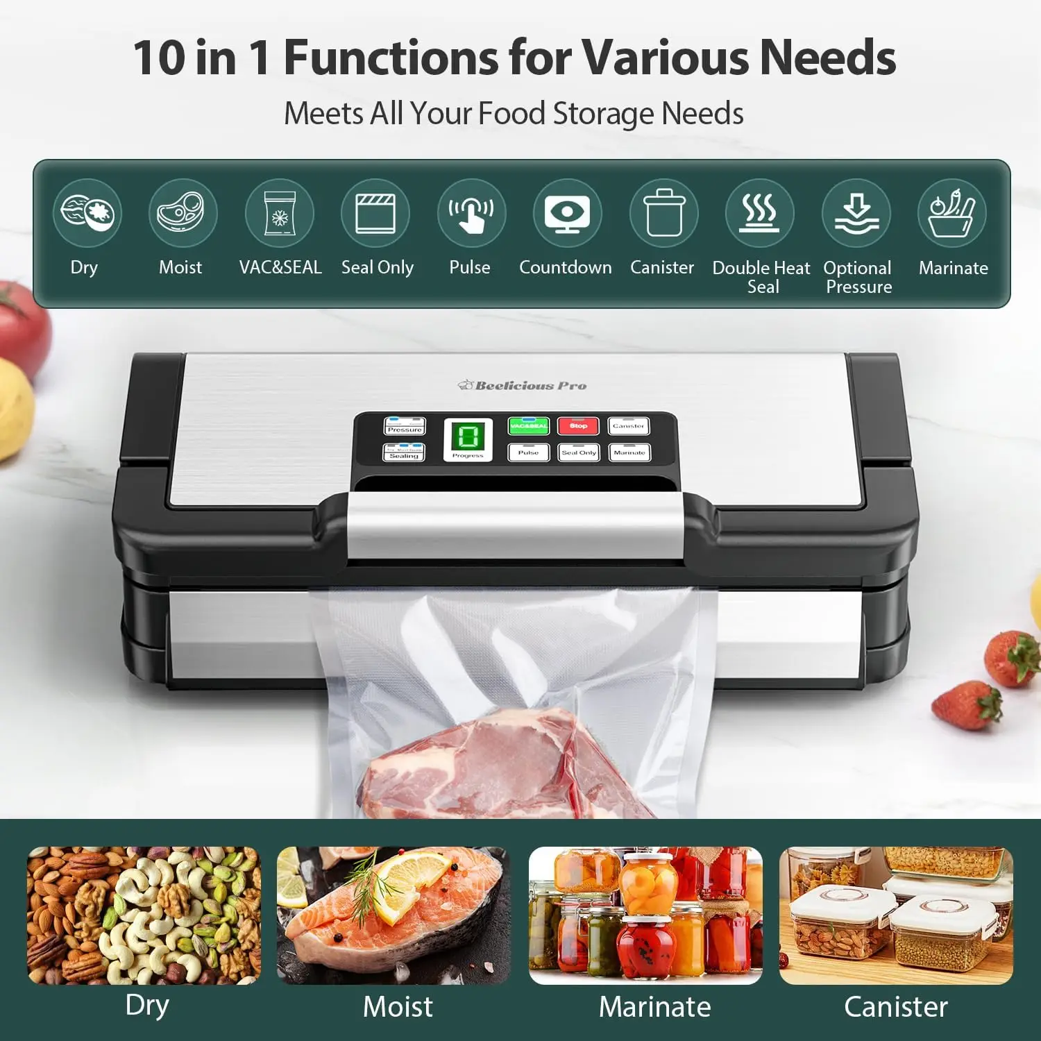 Vacuum Sealer, with 10-in-1 Functions,Double Seal & Double Pump,Built-in Cutter&Hose,Handle-Ease Design, Vacuum Sealer Machine f