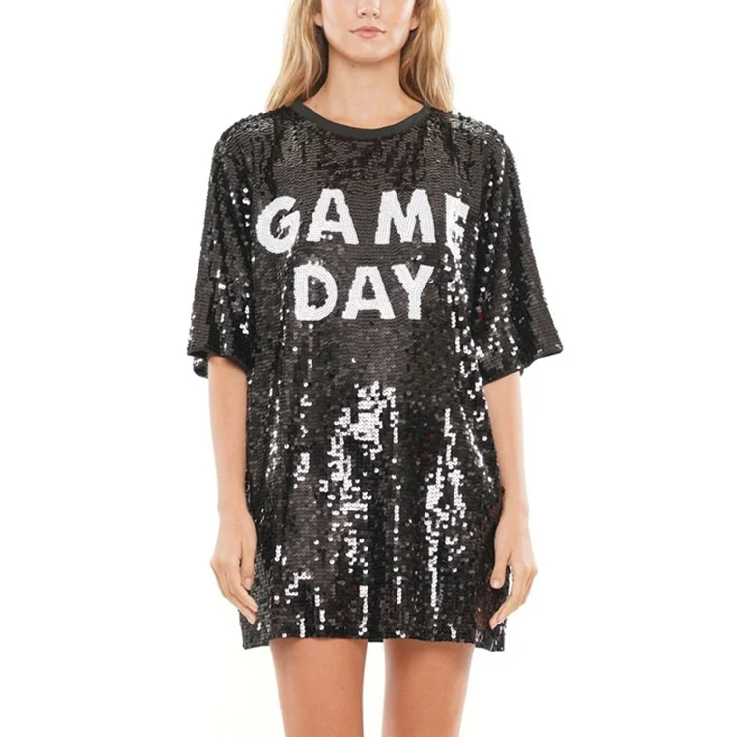 Abito da ballo di strada cool flash top di media lunghezza con perline a maniche corte per donna, vestibilità ampia, stile maglietta da festa per la notte