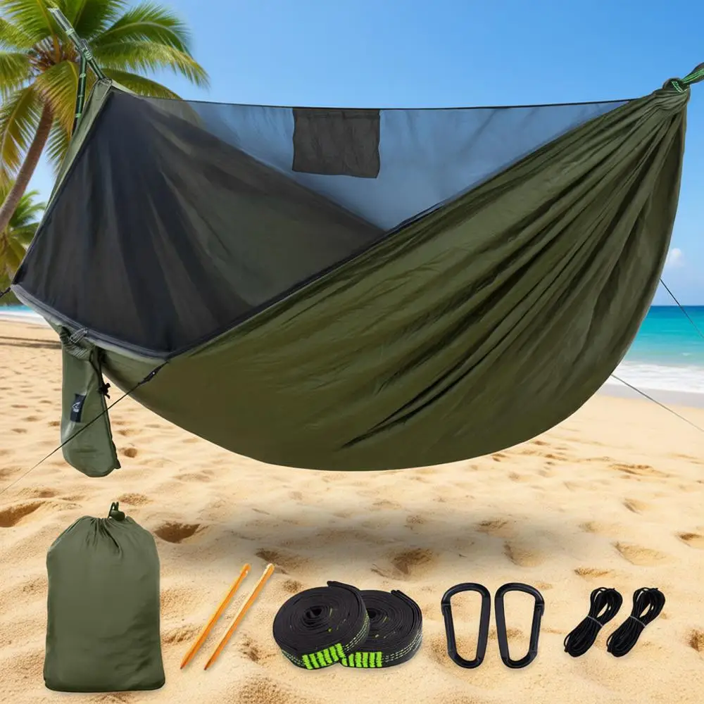 

2-Person Lightweight Camping Hammock with Mosquito Net, Ridgeline Kit, and Tree Straps for Outdoor Adventures