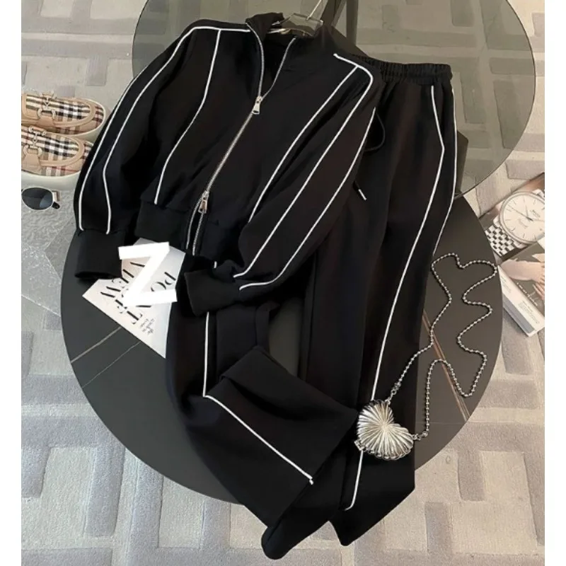 Spring Autumn Street Sports Set Women's Fashion Leisure Age reducing Western Style Zipper Hoodie Wide Leg Pants Two Piece Set