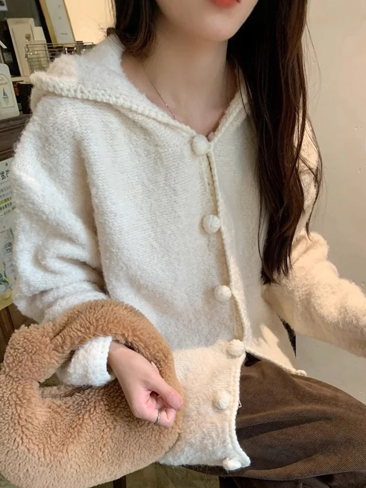 

Мягкий уютный женский вязаный бархатный свитшот из ягненка, пальто весна-осень, свободный повседневный кардиган с капюшоном, корейский Sle Long Sve