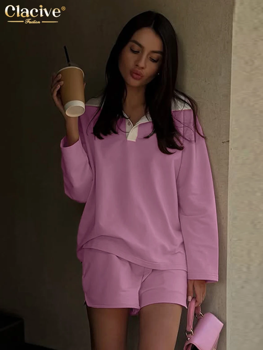 

Clacive Fashion Loose Pink 2 Piece Set Women Elegant Long Sleeve Shirt With High Waist Shorts Set Female Clothing Streetwear