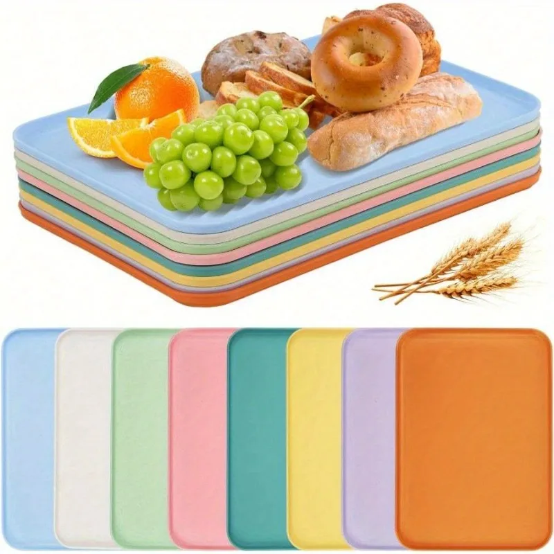 

8 Pcs Large Wheat Straw Tray Set, 15" X 10.6" Fast Food Serving Tray, Unbreakable Lightweight Dinner Dishes, Plastic Art Trays