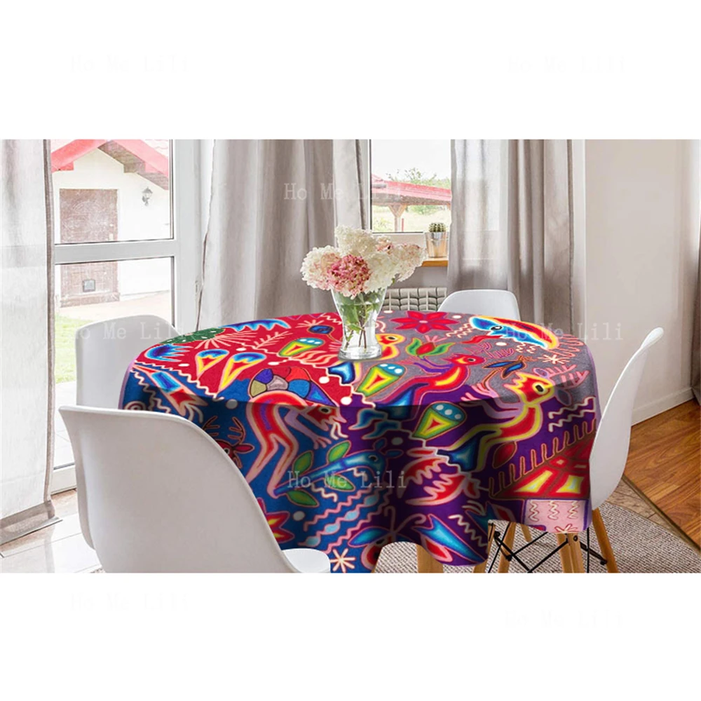 Huichol Mexican Cactus Yarn Cultural Art Pattern Round Tablecloth Decorated The Kitchen