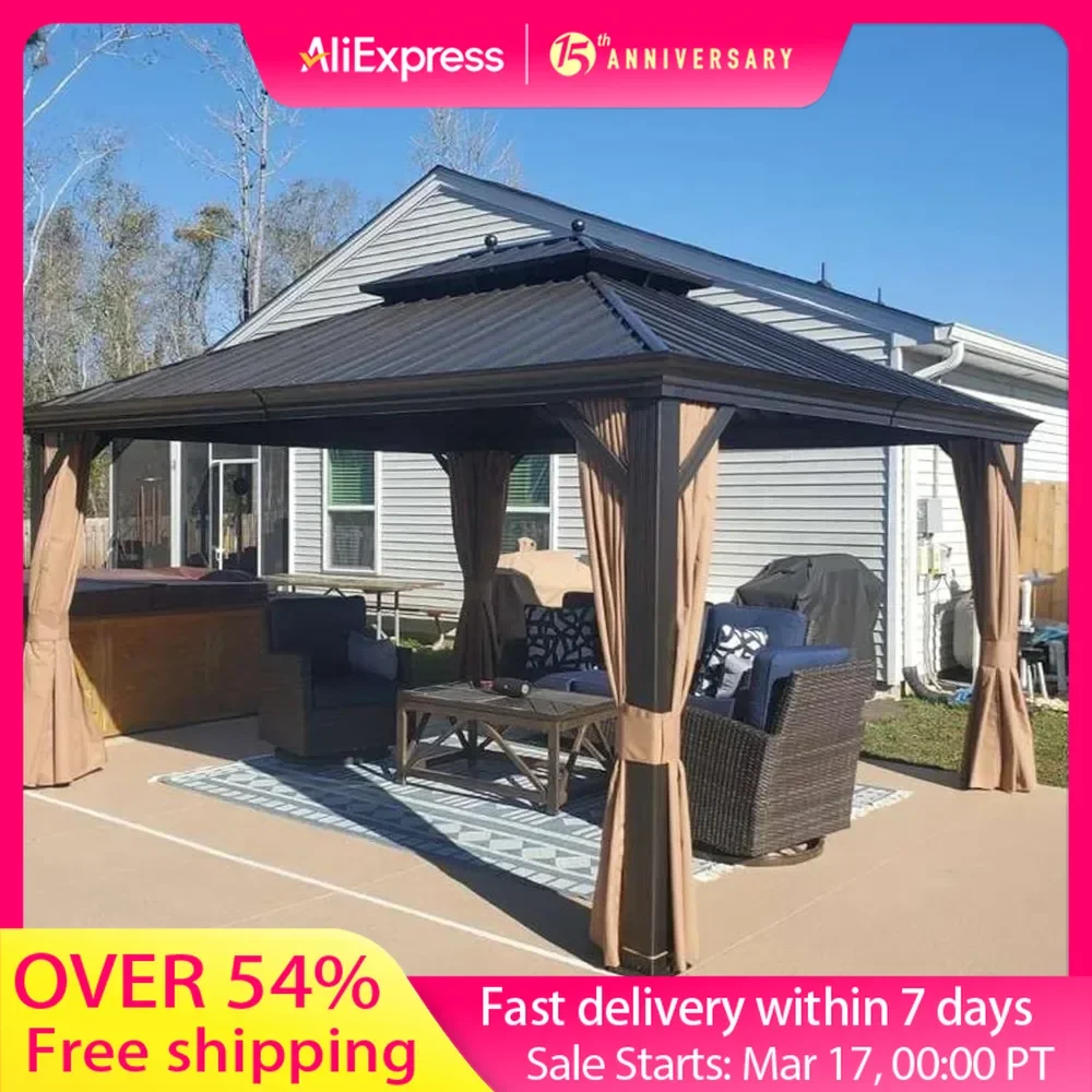 12' x 14' Hardtop Gazebo Outdoor Metal Roof Sun Shade Tent with Curtains and Netting Patio Canopy Permanent Pavilion