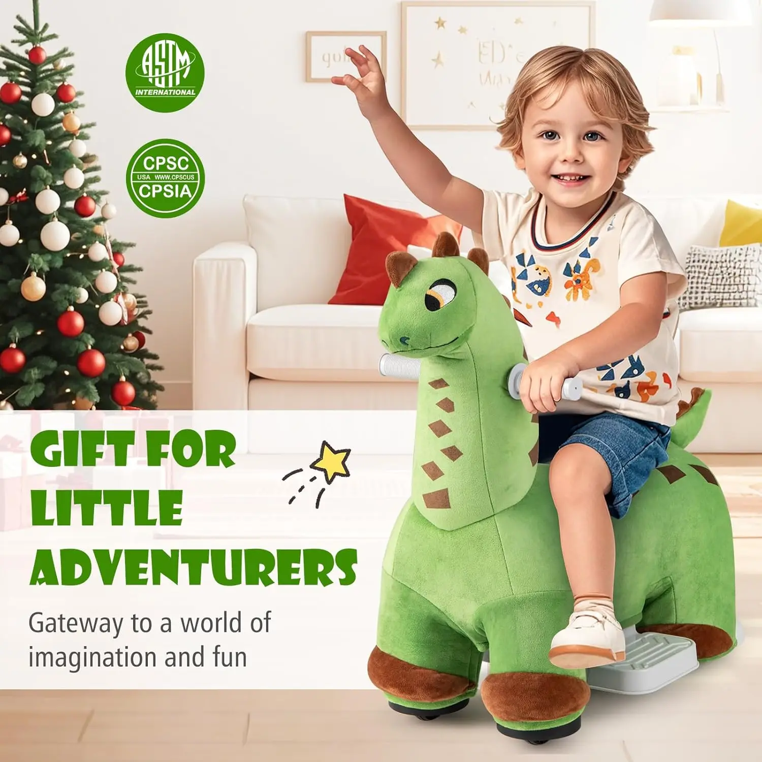 6V Dinosaur Ride on Toys, Battery Powered Motorized Ride on Dinosaur, Music, Forward, Removable & Washable Cover, Comfortable Se