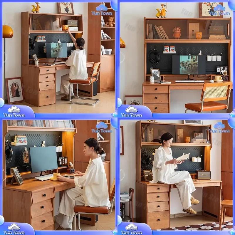 Nordic Solid Wood Desk for Small Apartment Wall Mounted Study Desk with Bookshelf Integrated Computer Desk Simple Bookcase
