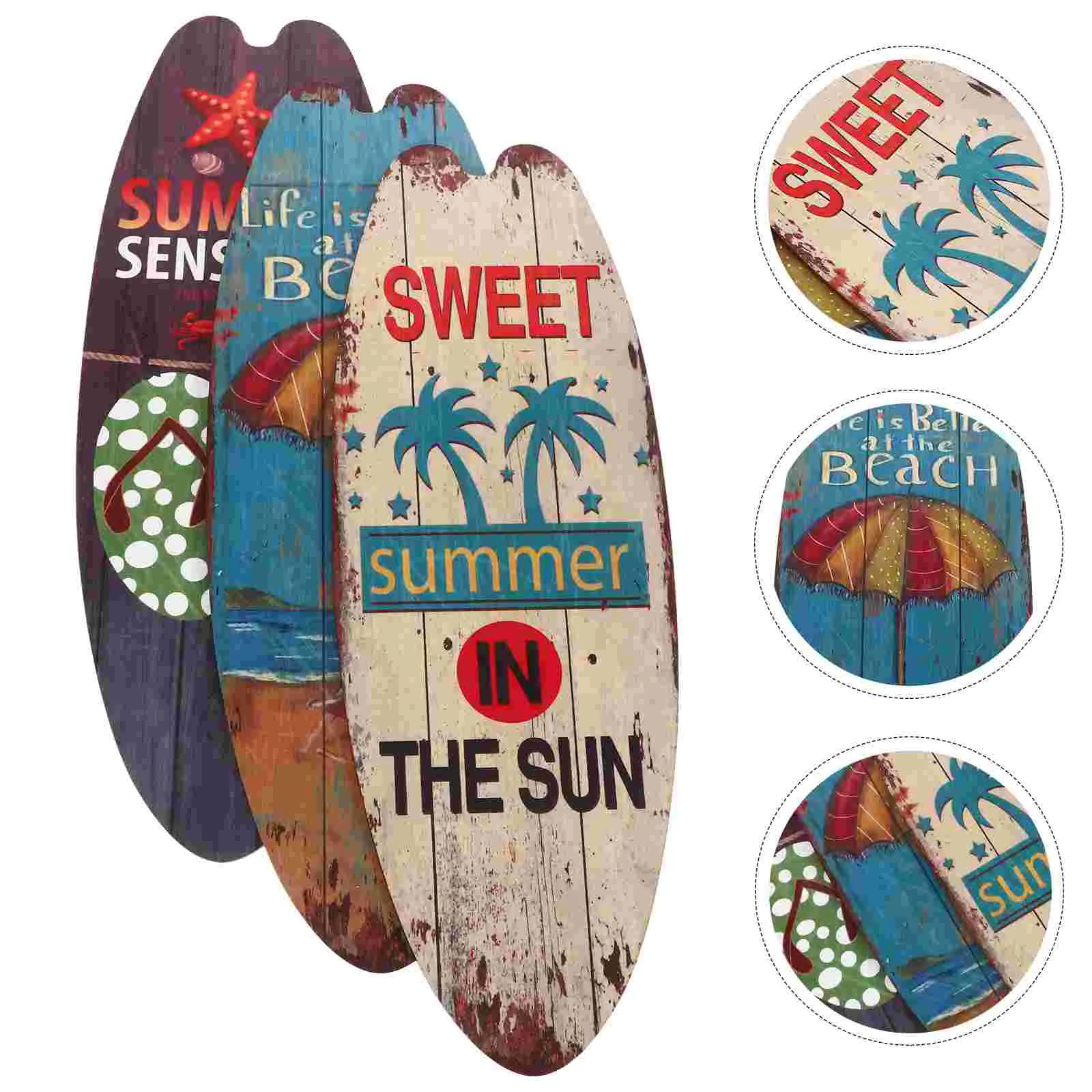 

3 Pcs Decor Wooden Surfboard Plaque Decoration Bathroom Signs Wall Summer Beach Decorations