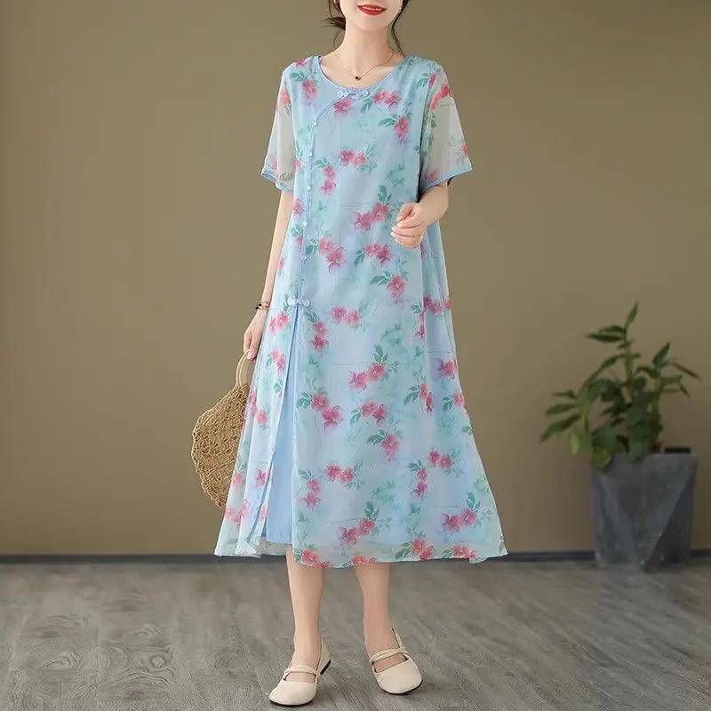 

Large Size Short Sleeve Dress A-Line High-End Temperament Women's 2025 Spring And Summer New Chinese Cheongsam Dress G055