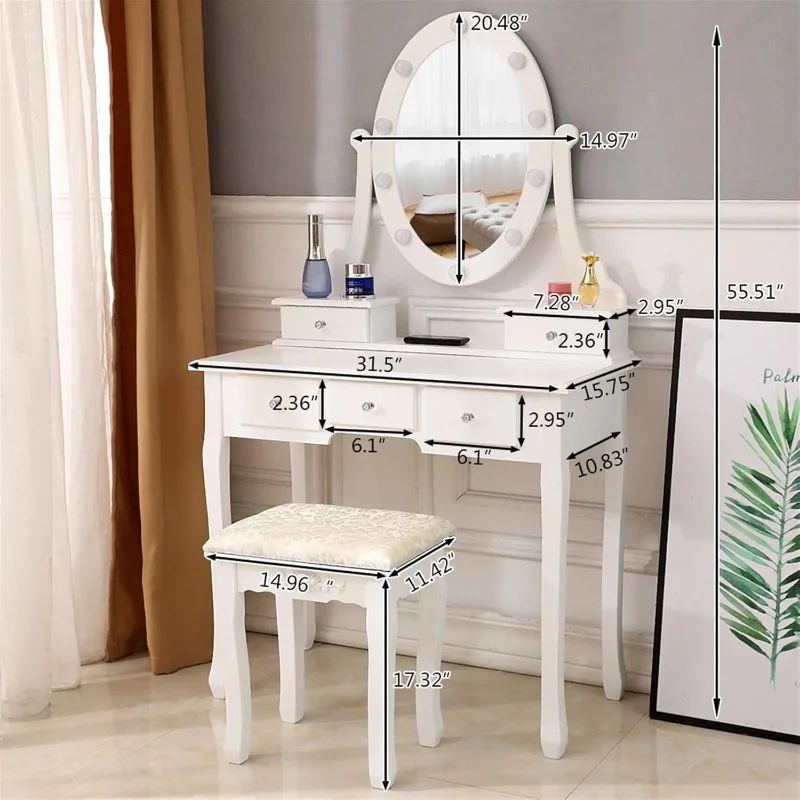 Vanity Table Set with Lighted Mirror, Makeup Dressing Table and Cushioned Stool Set with 5 Large Drawers for Women Girls