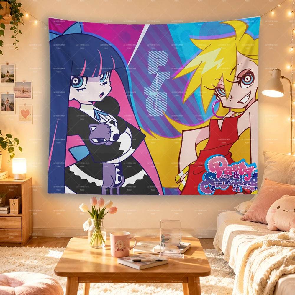 Panty & Stocking with Garterbelt Tapestry, Y2K Color Block Anime Girls Wall Hanging for Otaku Bedroom Gaming Room Dorm Decor