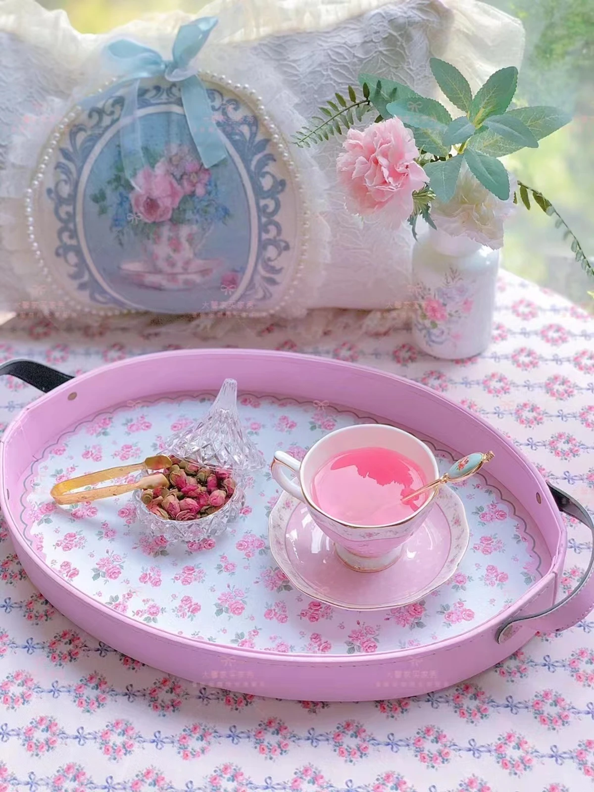 Pink tray, floral leather tea tray, desktop decoration, storage box