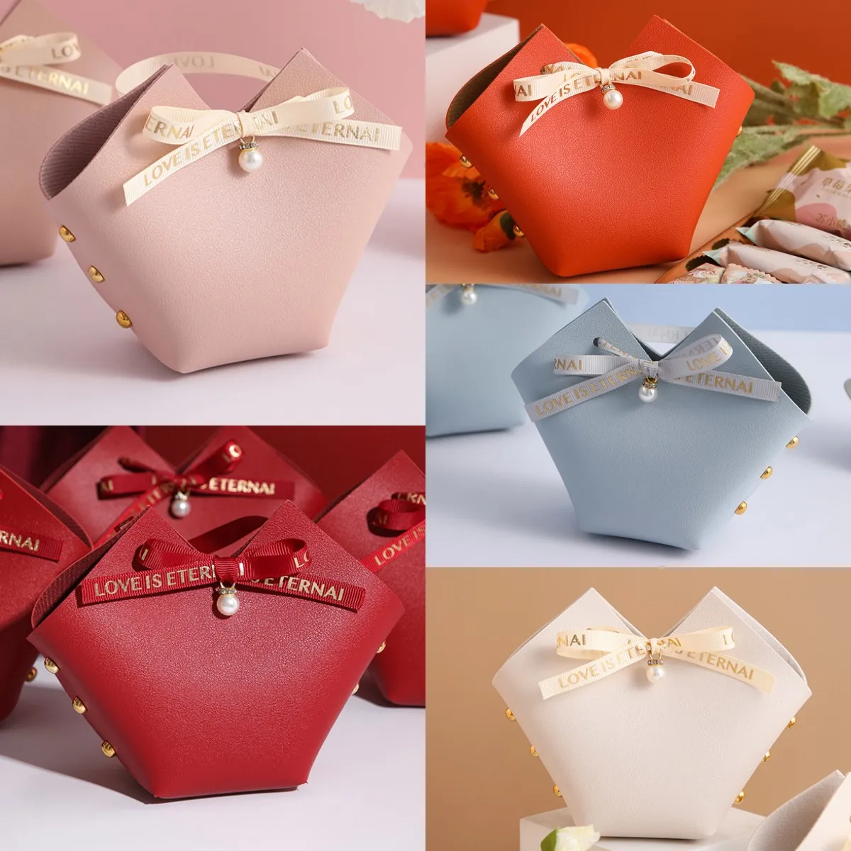 5PCS Mini Leather Gift Bags with Pearl Bow Packaging Boxes for Wedding Favour Distributions Bags Eid Mubarak Candy Gifts Handbag